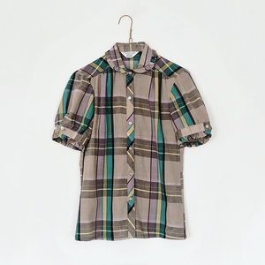 adorable peter pan collar + ruffled sleeves - plaid vtg 70s blouse